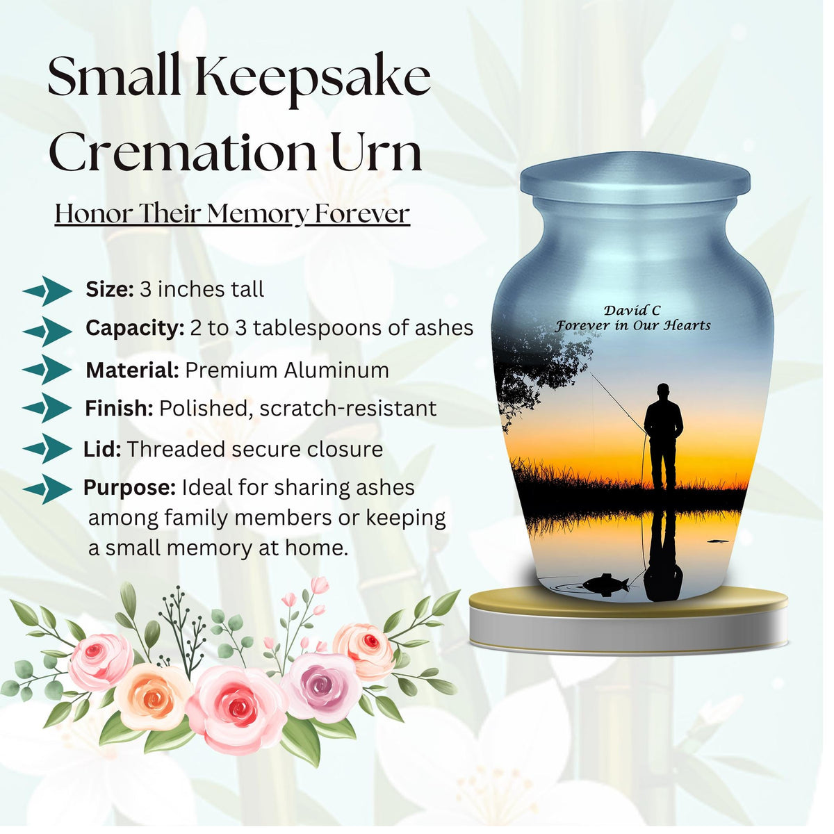 sunset fishing cremation urn for human ashes, handmade aluminum memorial urn – photo 7