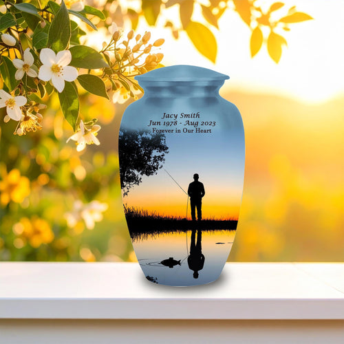 sunset fishing cremation urn for human ashes, handmade aluminum memorial urn – photo 1