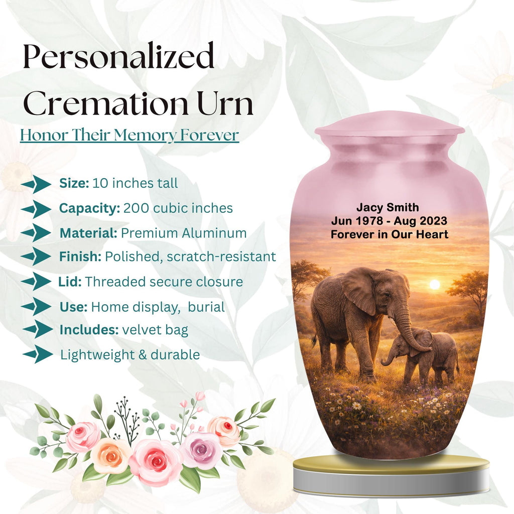 mother and baby elephant cremation urn for human ashes, handmade aluminum memorial urn – photo 2