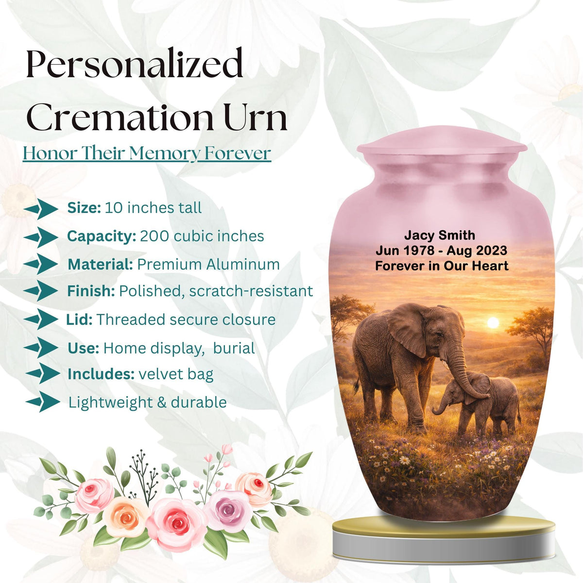 mother and baby elephant cremation urn for human ashes, handmade aluminum memorial urn – photo 2