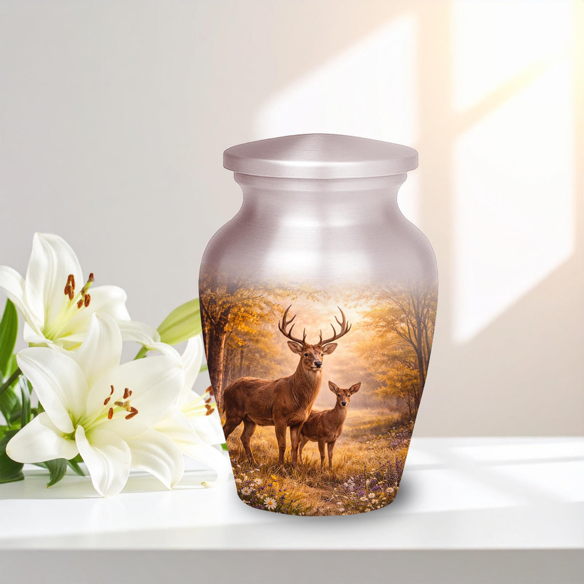 deer forest scene cremation urn for human ashes, handmade aluminum memorial urn – photo 7