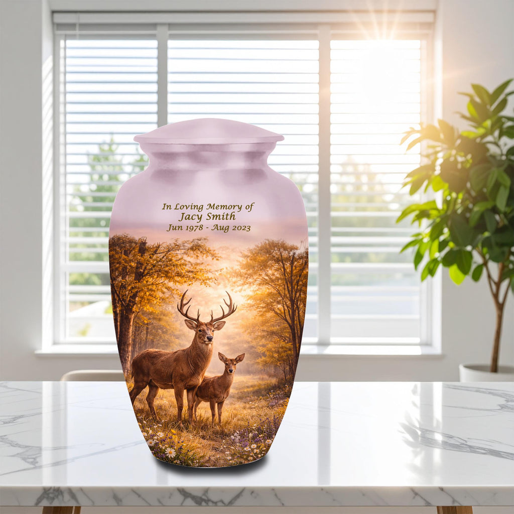 deer forest scene cremation urn for human ashes, handmade aluminum memorial urn – photo 2