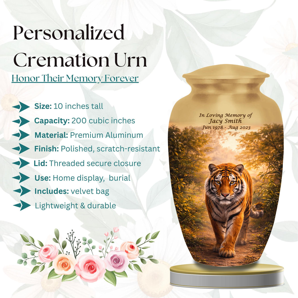 tiger golden forest cremation urn for human ashes, handmade aluminum memorial urn – photo 2