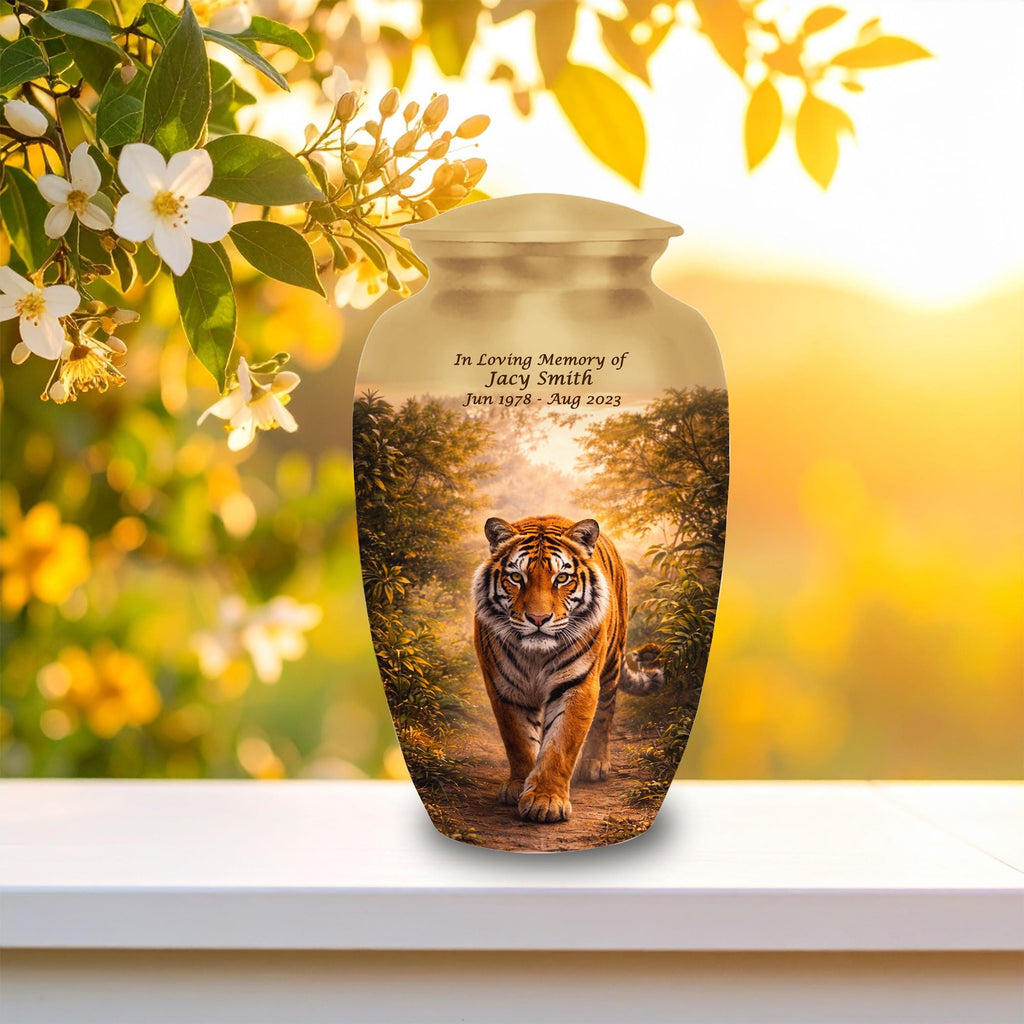 tiger golden forest cremation urn for human ashes, handmade aluminum memorial urn – photo 7