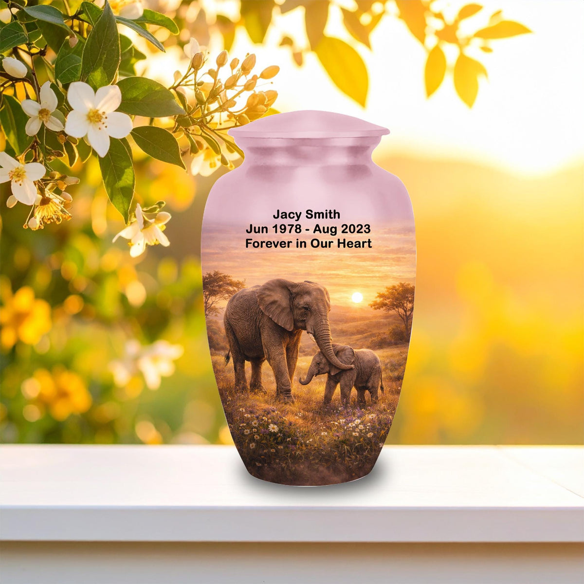 mother and baby elephant cremation urn for human ashes, handmade aluminum memorial urn – photo 7
