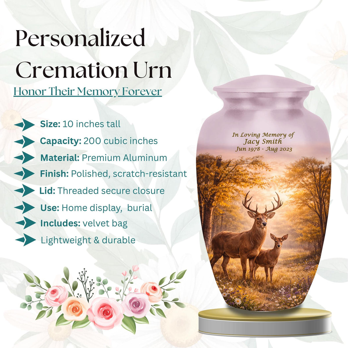 deer forest scene cremation urn for human ashes, handmade aluminum memorial urn – photo 3