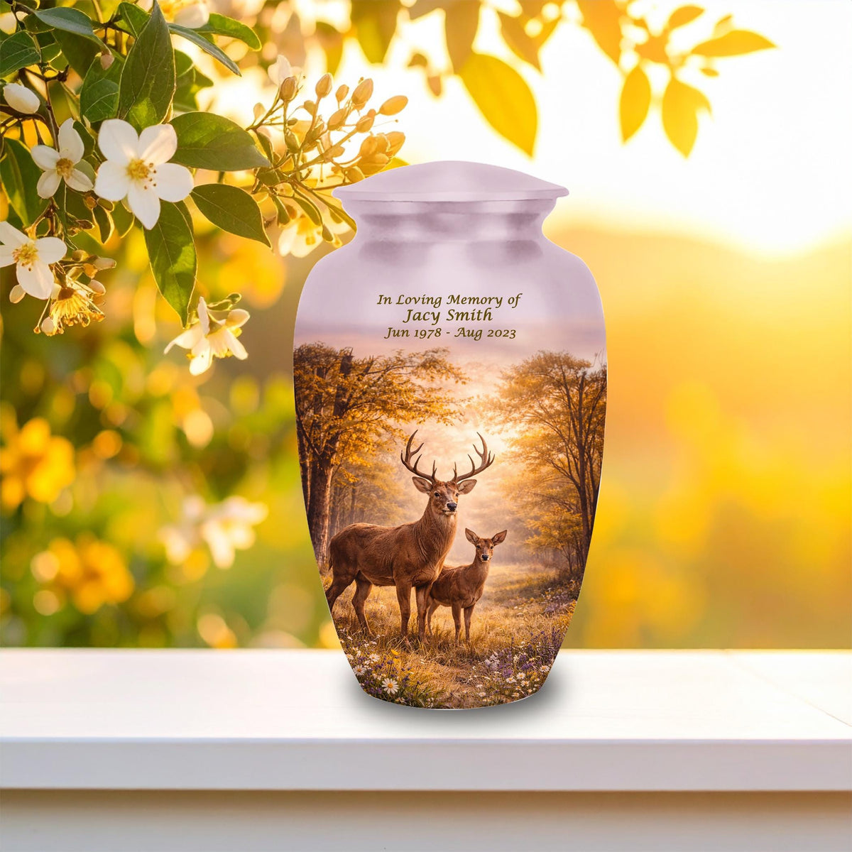 deer forest scene cremation urn for human ashes, handmade aluminum memorial urn – photo 6