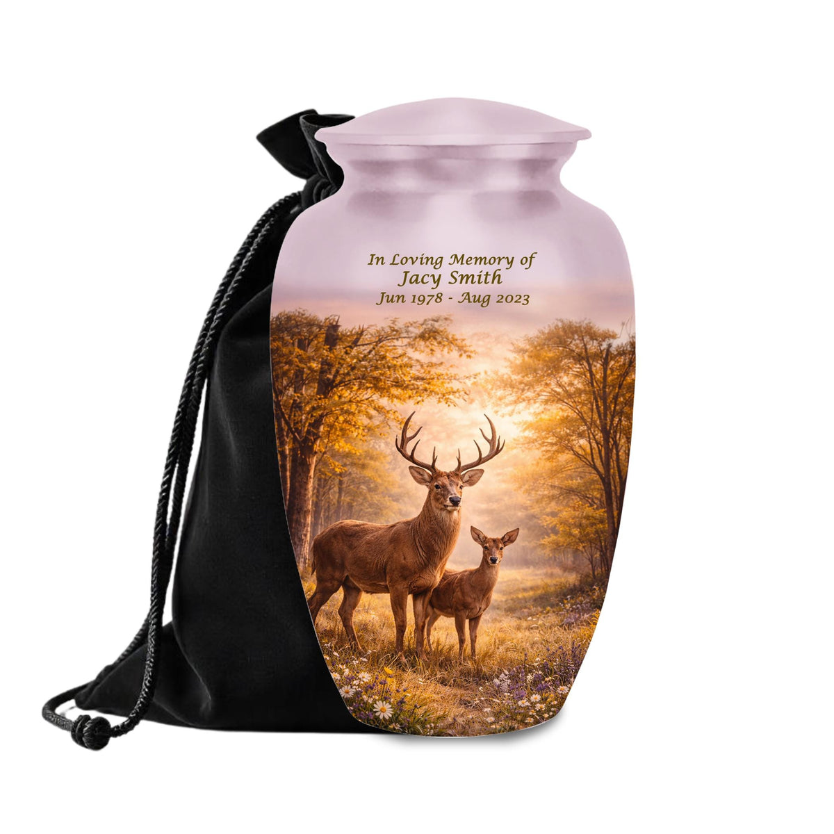 deer forest scene cremation urn for human ashes, handmade aluminum memorial urn – photo 1