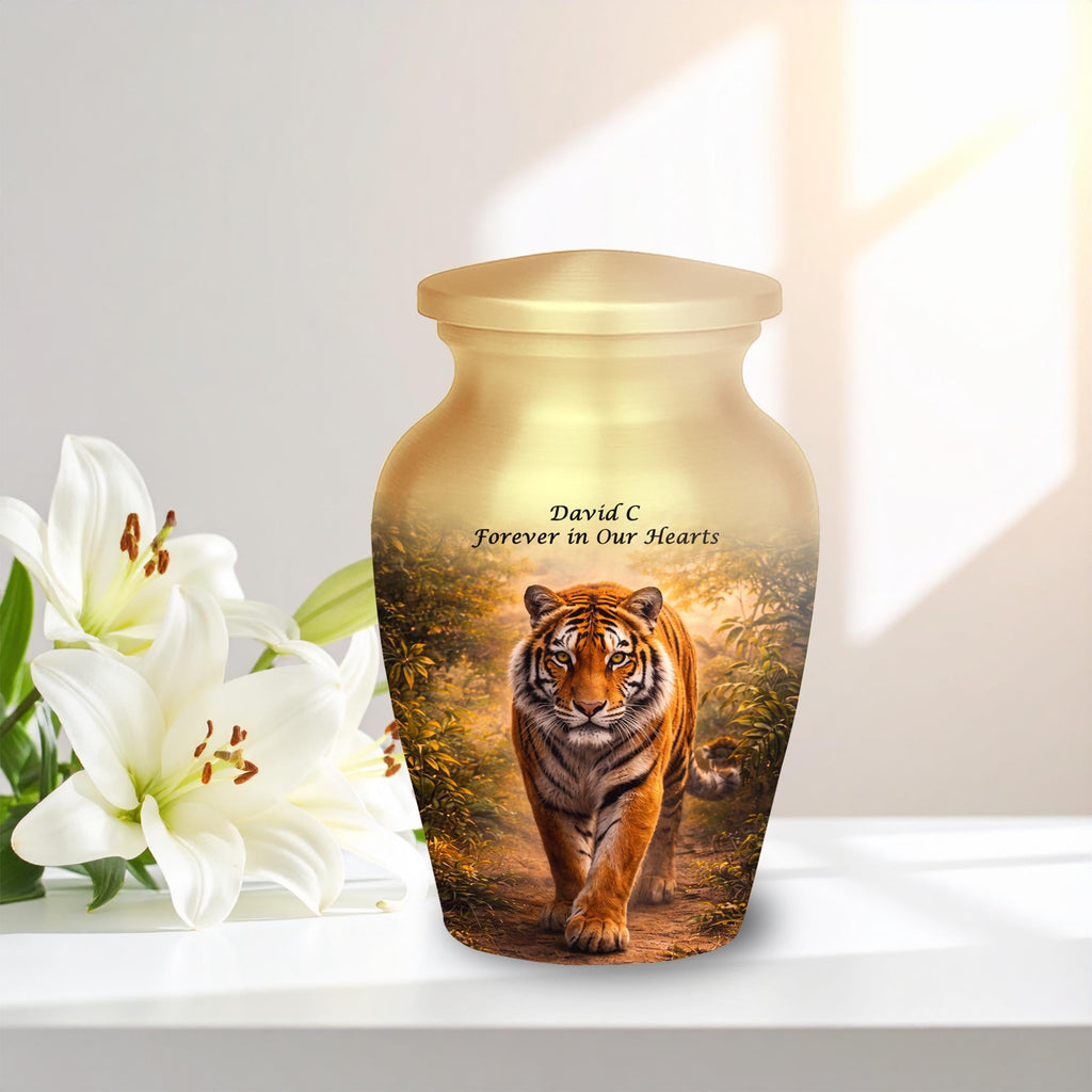 tiger golden forest cremation urn for human ashes, handmade aluminum memorial urn – photo 8