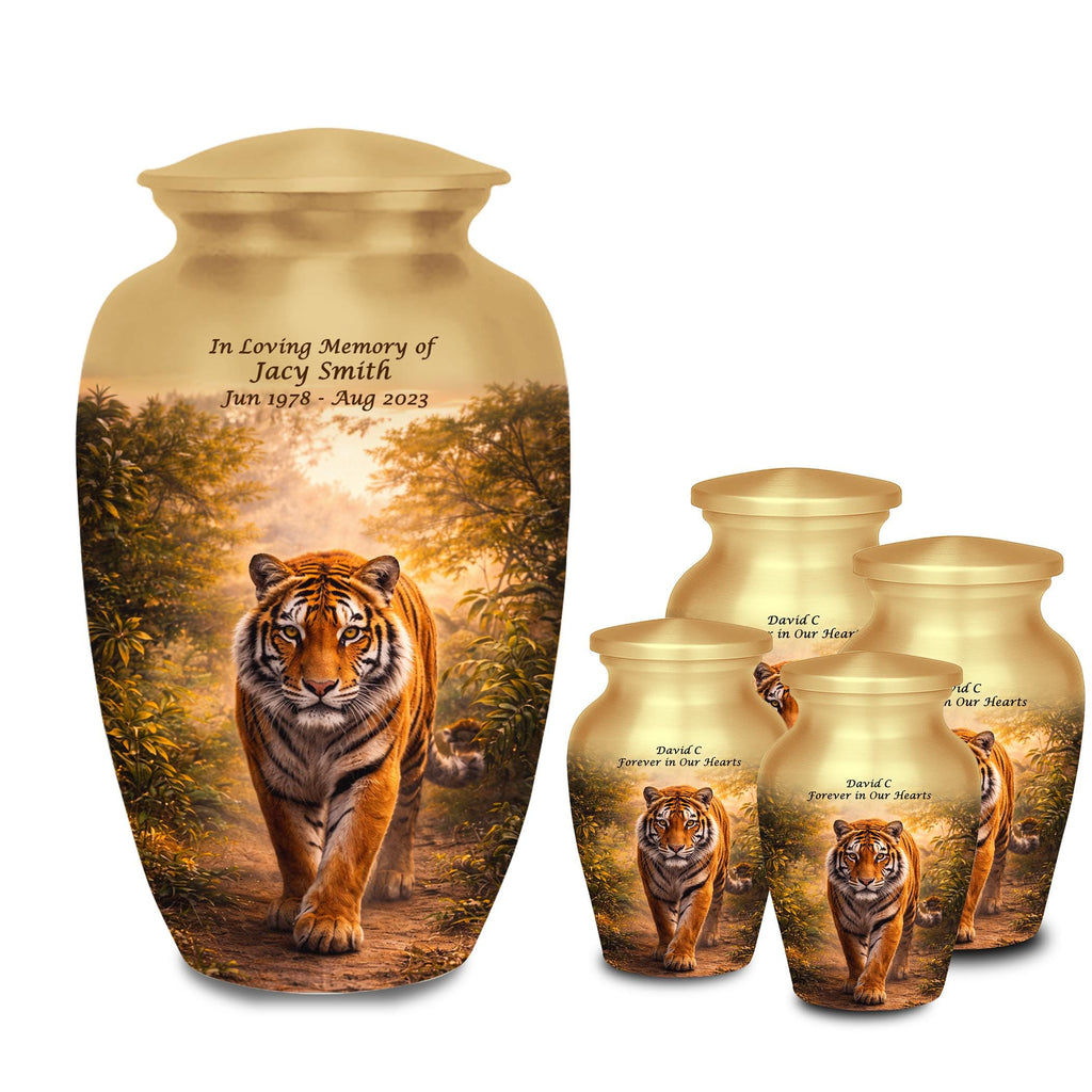 tiger golden forest cremation urn for human ashes, handmade aluminum memorial urn – photo 9