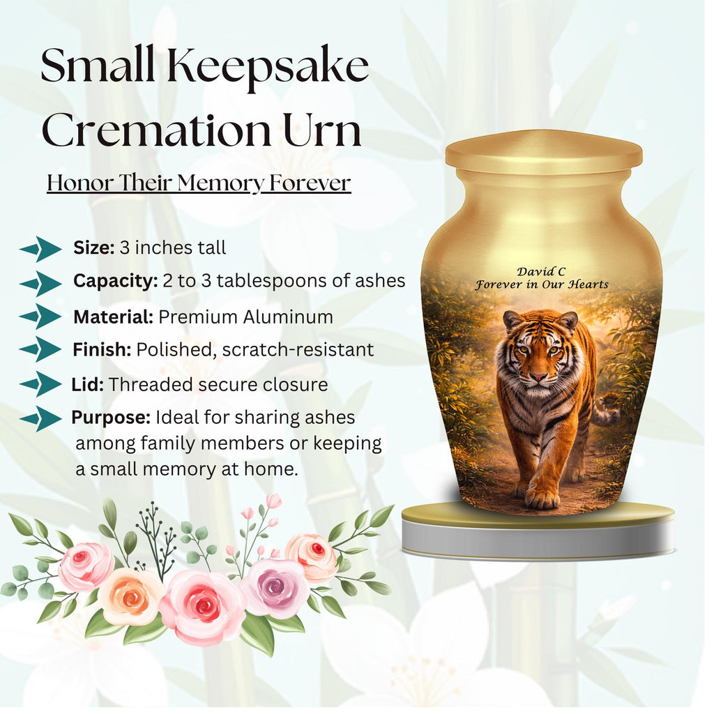 tiger golden forest cremation urn for human ashes, handmade aluminum memorial urn – photo 4