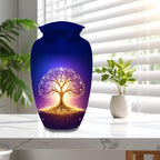 glowing golden tree of life cremation urn for human ashes, handmade aluminum memorial urn – photo 1