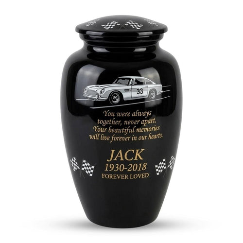 racing car checkered flags cremation urn for human ashes, handmade aluminum memorial urn – photo 1