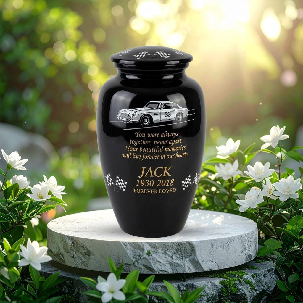 racing car checkered flags cremation urn for human ashes, handmade aluminum memorial urn – photo 3