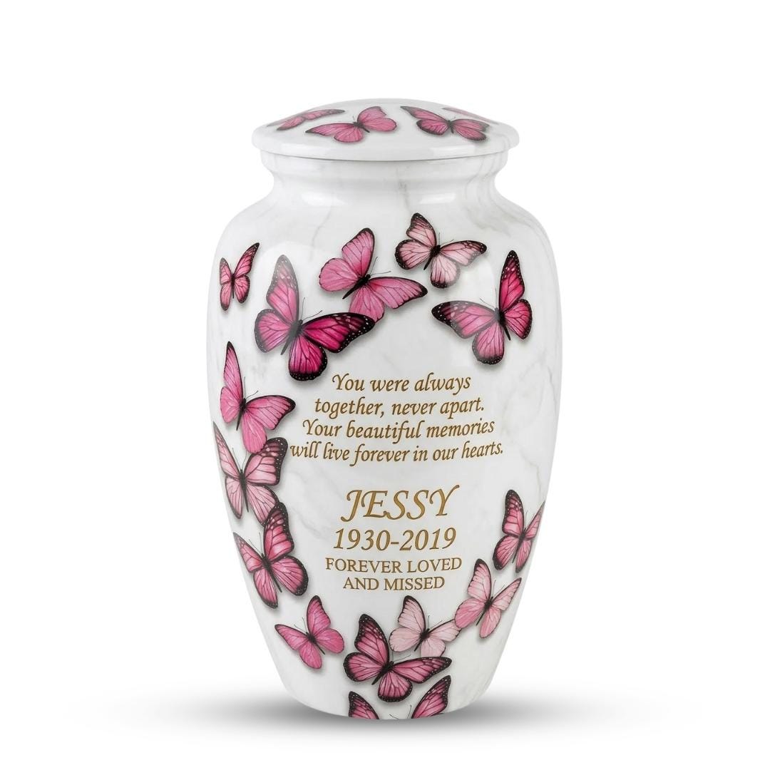 pink butterfly cremation urn for human ashes, handmade aluminum memorial urn – photo 3