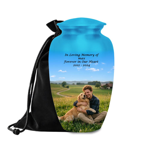 Golden Retriever cremation urn for dog ashes with personalized photo and name