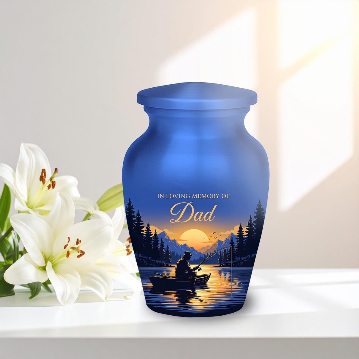 lake sunset fishing dad set cremation urn for human ashes, handmade aluminum memorial urn – photo 4