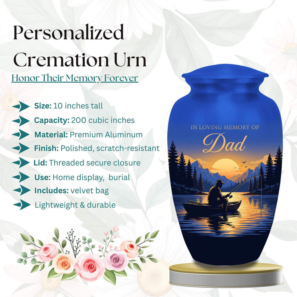 lake sunset fishing dad set cremation urn for human ashes, handmade aluminum memorial urn – photo 6