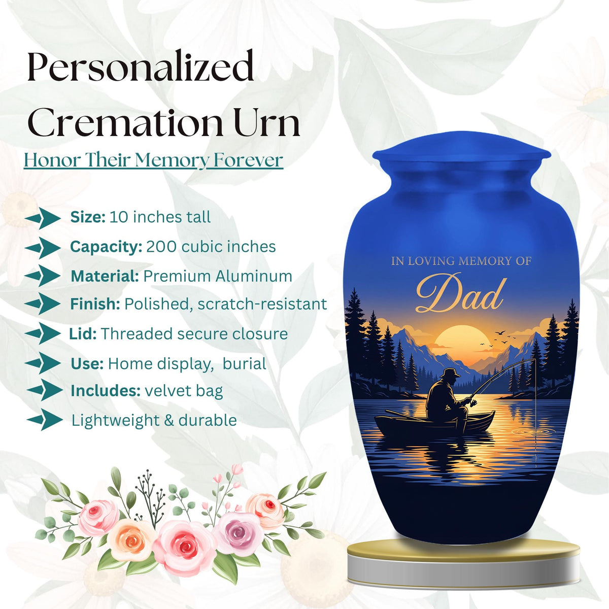 lake sunset fishing dad set cremation urn for human ashes, handmade aluminum memorial urn – photo 6