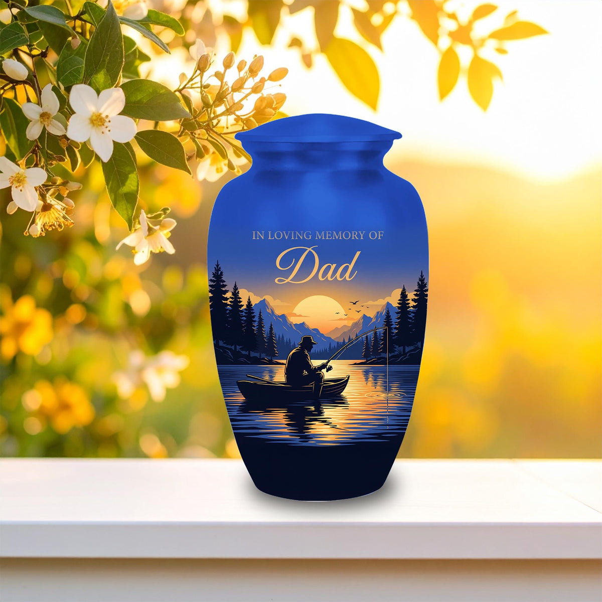 lake sunset fishing dad set cremation urn for human ashes, handmade aluminum memorial urn – photo 3