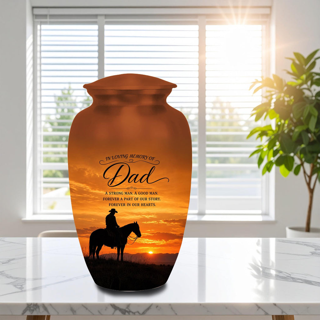 cowboy horseback western sunset cremation urn for human ashes, handmade aluminum memorial urn – photo 2