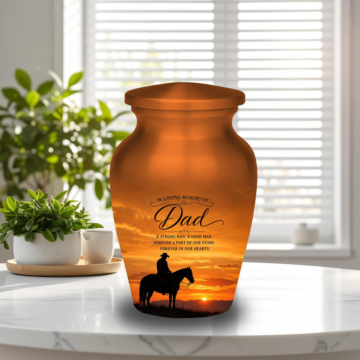 cowboy horseback western sunset cremation urn for human ashes, handmade aluminum memorial urn – photo 5