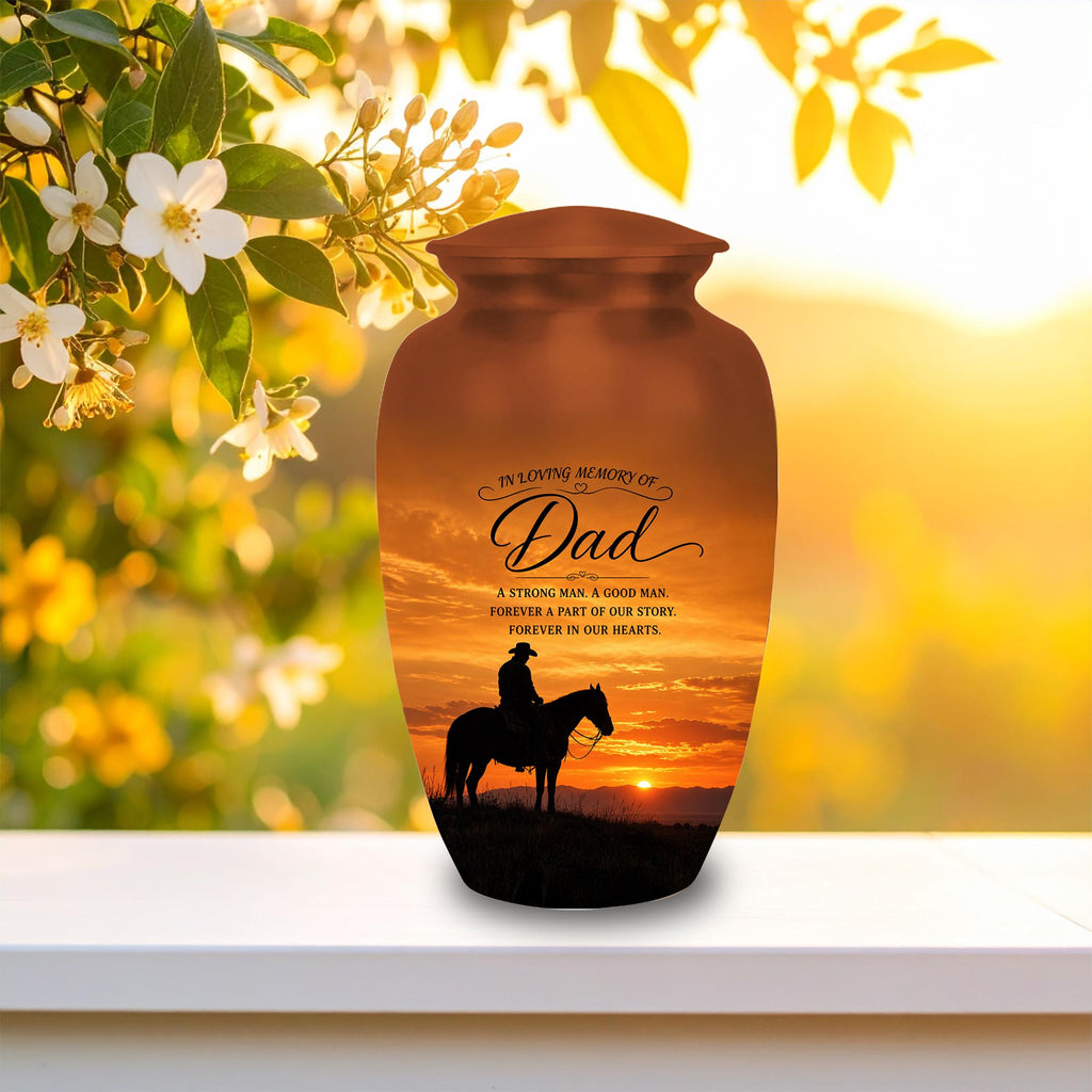 cowboy horseback western sunset cremation urn for human ashes, handmade aluminum memorial urn – photo 3