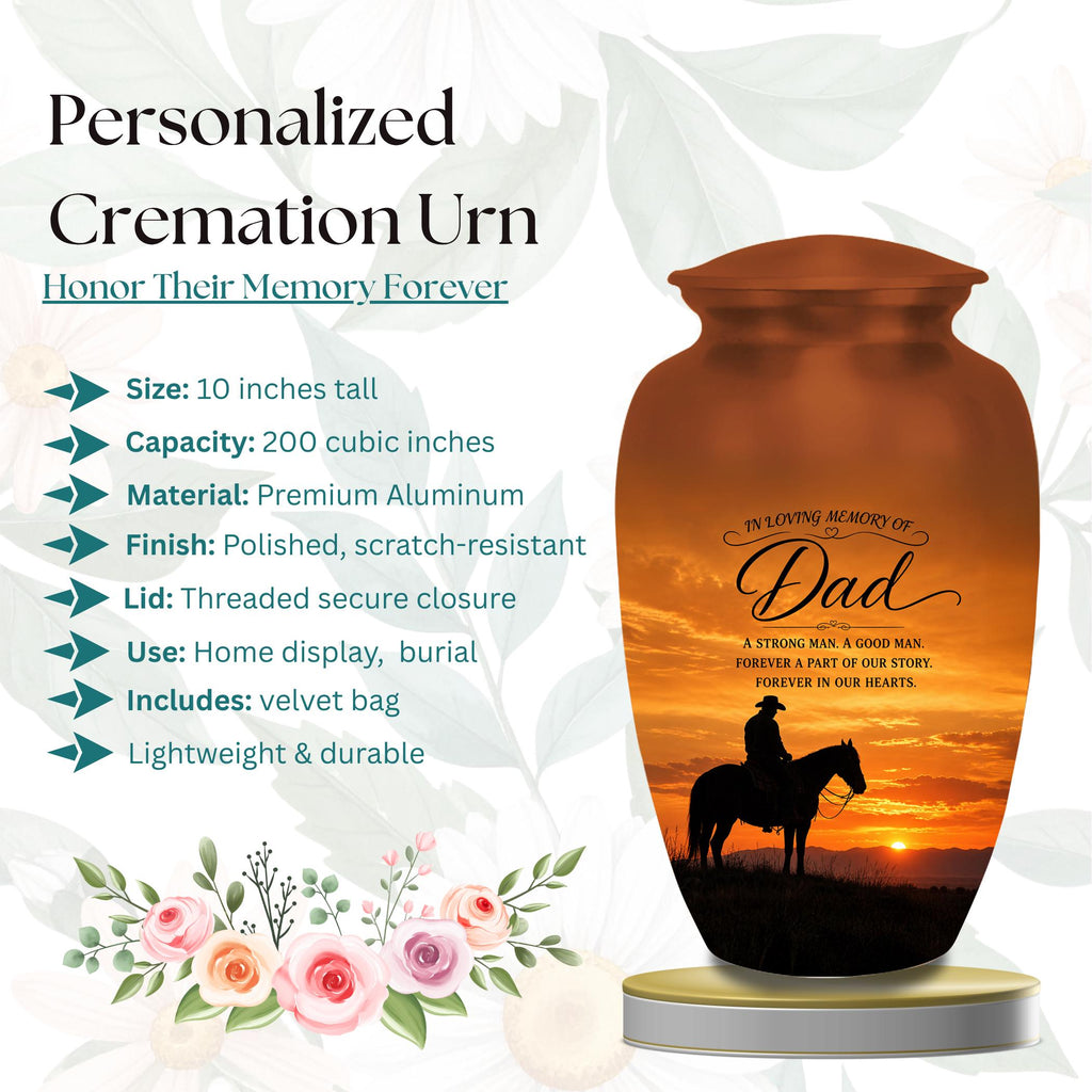 cowboy horseback western sunset cremation urn for human ashes, handmade aluminum memorial urn – photo 7