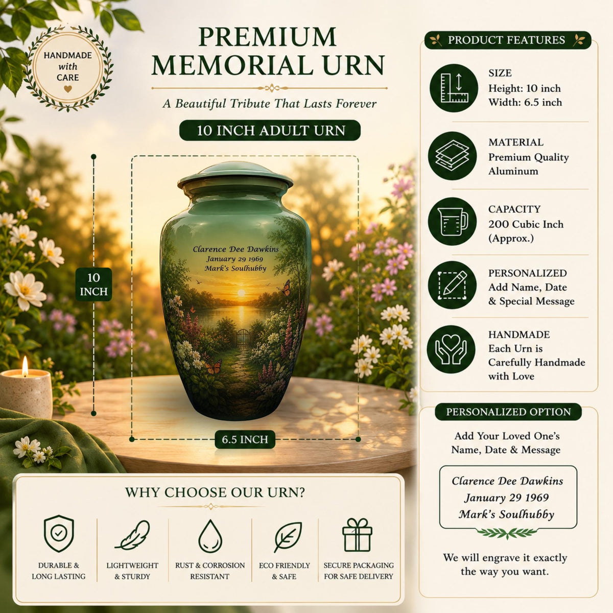 sunset garden lake cremation urn for human ashes, handmade aluminum memorial urn – photo 2