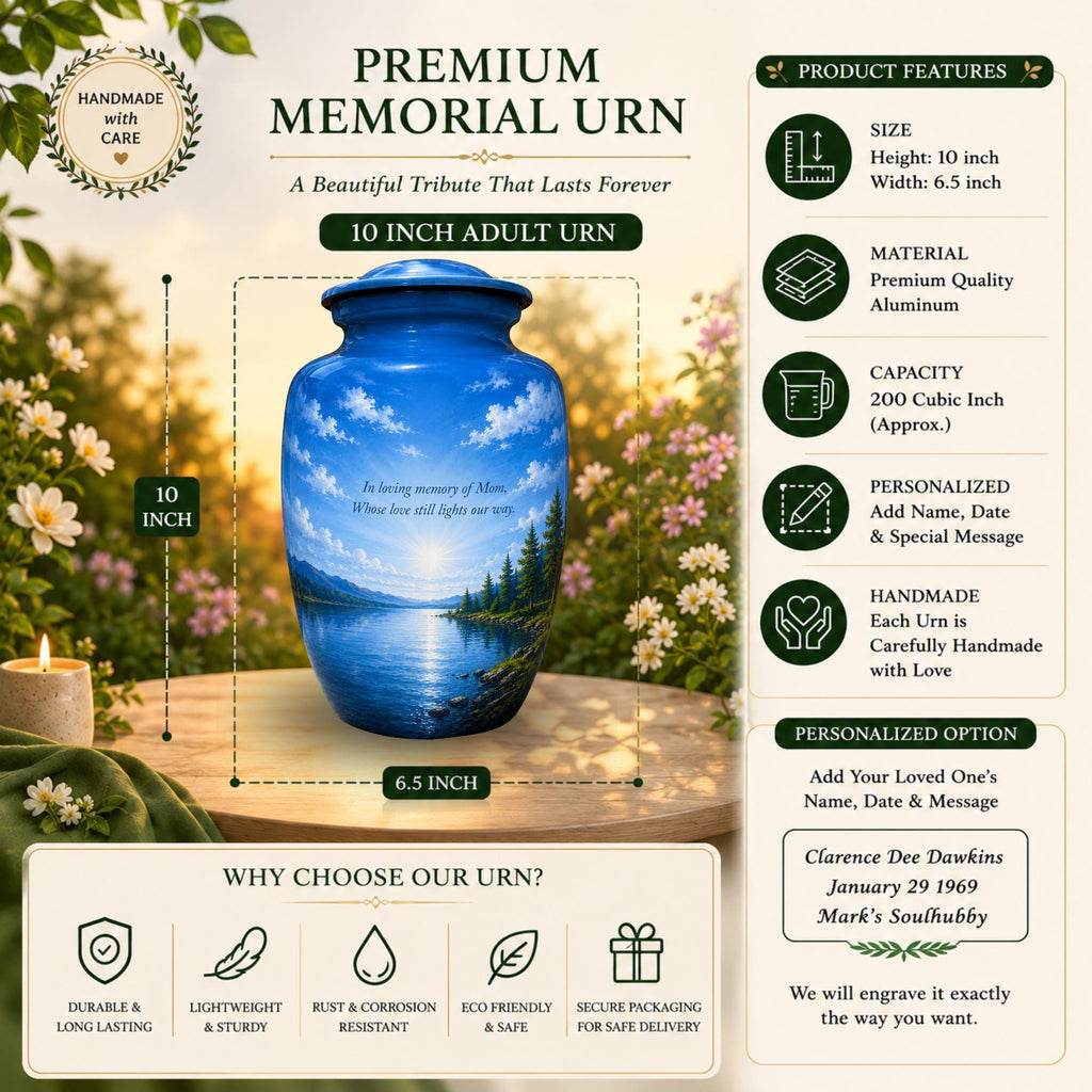 blue lake mountain cremation urn for human ashes, handmade aluminum memorial urn – photo 2