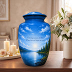 blue lake mountain cremation urn for human ashes, handmade aluminum memorial urn – photo 4