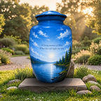 blue lake mountain cremation urn for human ashes, handmade aluminum memorial urn – photo 5