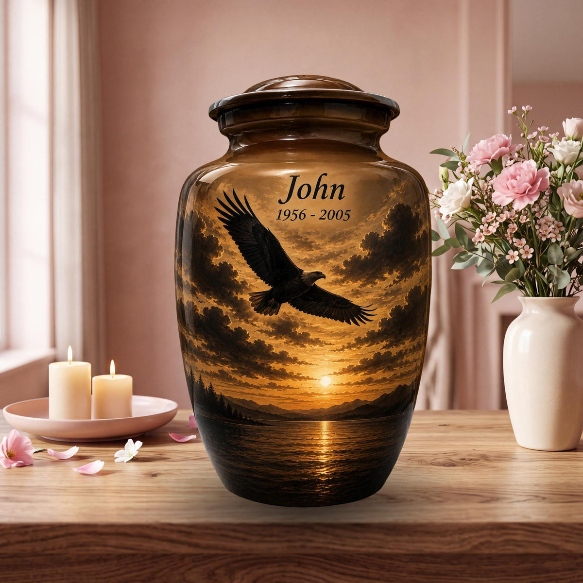 eagle sunset mountain cremation urn for human ashes, handmade aluminum memorial urn – photo 3