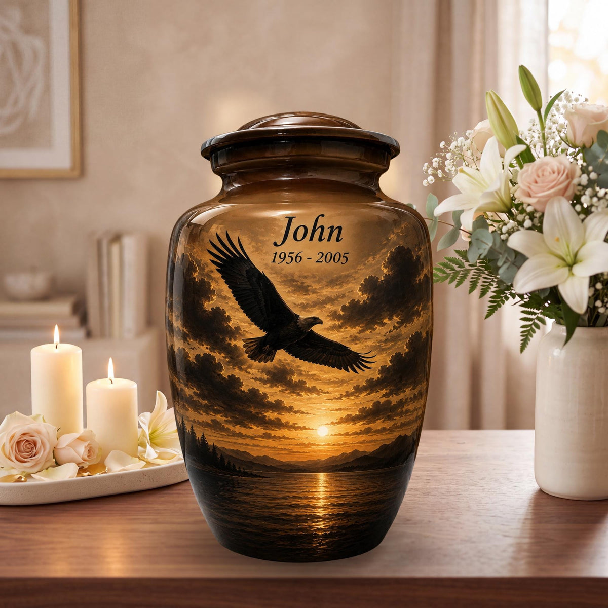 eagle sunset mountain cremation urn for human ashes, handmade aluminum memorial urn – photo 4