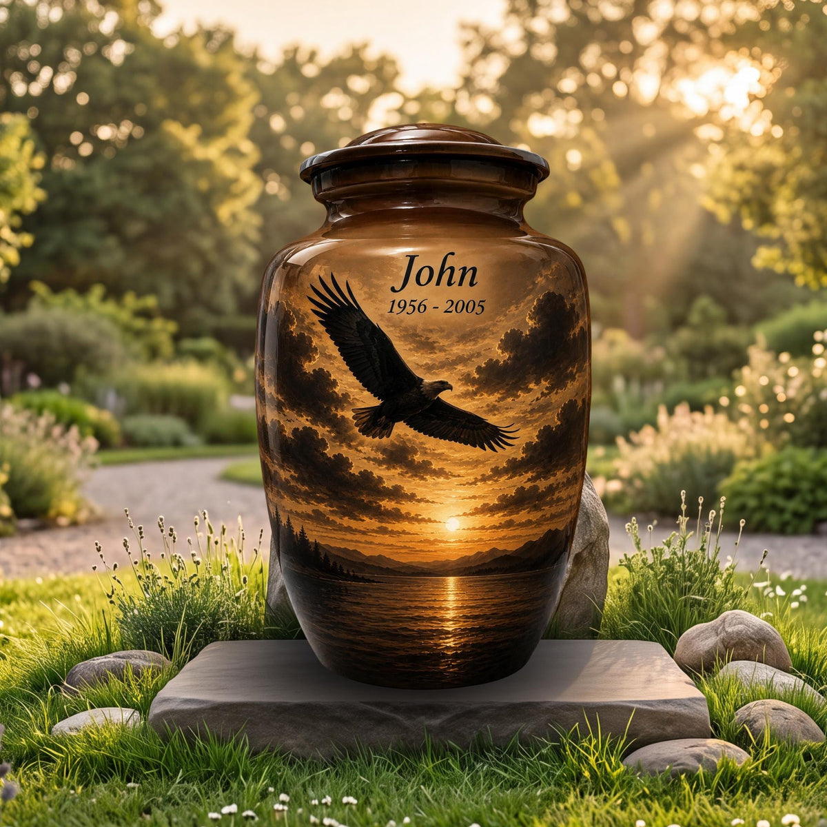 eagle sunset mountain cremation urn for human ashes, handmade aluminum memorial urn – photo 5