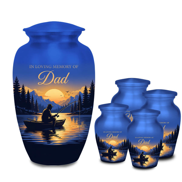 lake sunset fishing dad set cremation urn for human ashes, handmade aluminum memorial urn – photo 1
