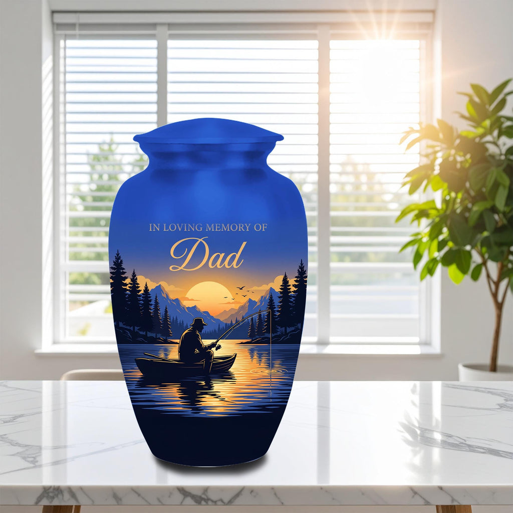 lake sunset fishing dad set cremation urn for human ashes, handmade aluminum memorial urn – photo 2