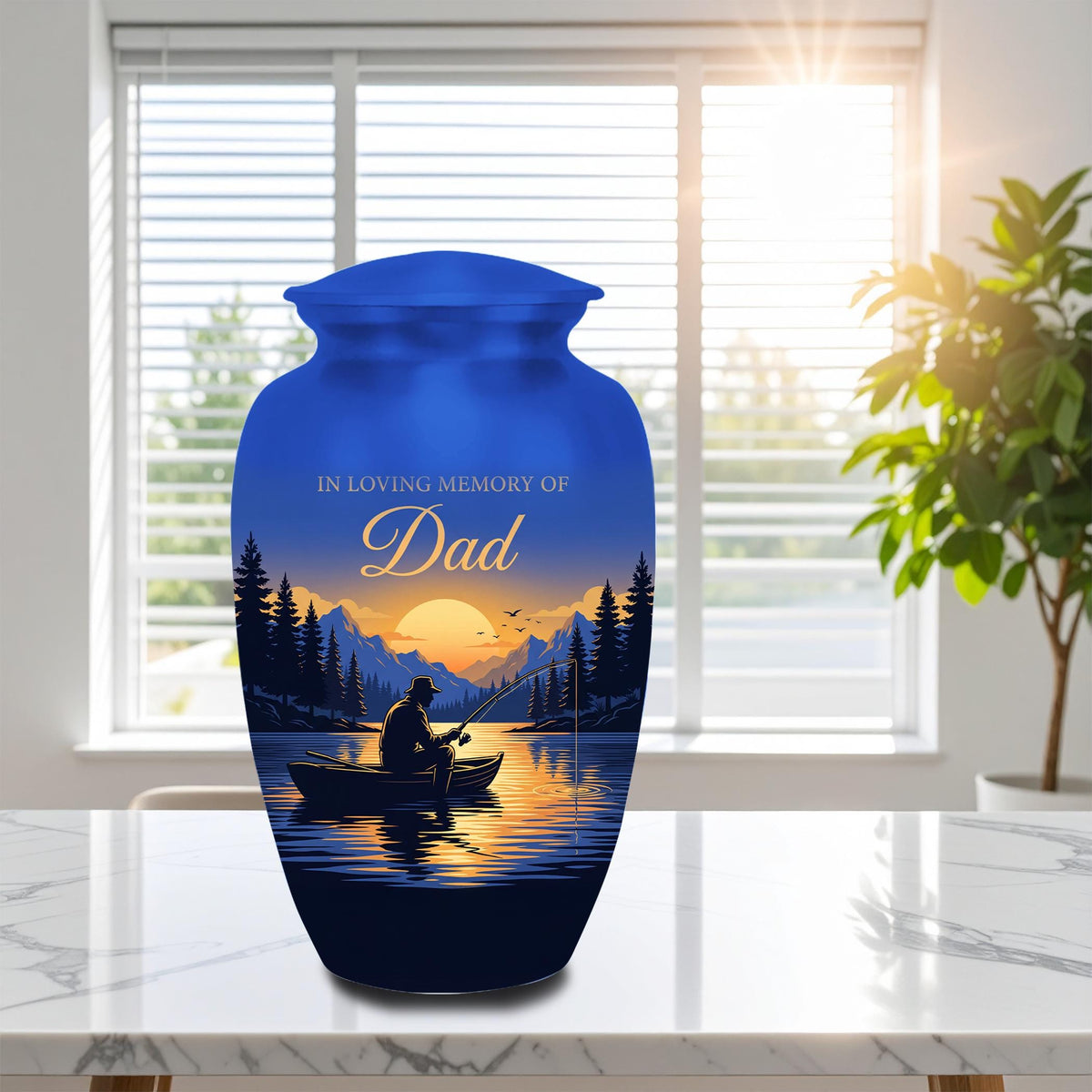 lake sunset fishing dad set cremation urn for human ashes, handmade aluminum memorial urn – photo 2