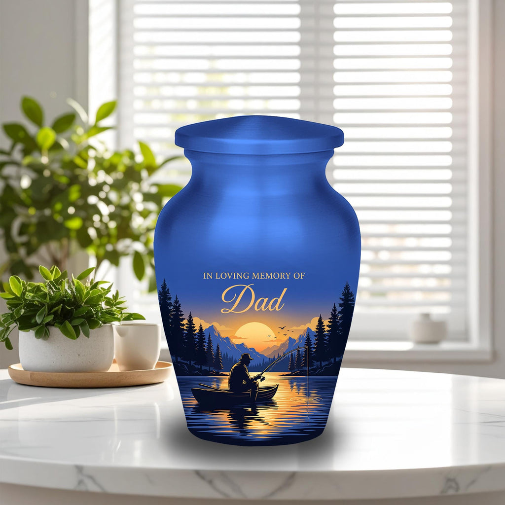 lake sunset fishing dad set cremation urn for human ashes, handmade aluminum memorial urn – photo 5