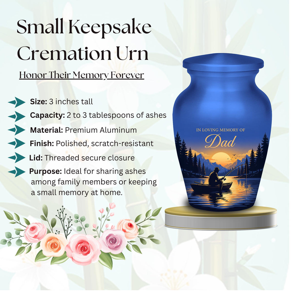 lake sunset fishing dad set cremation urn for human ashes, handmade aluminum memorial urn – photo 8
