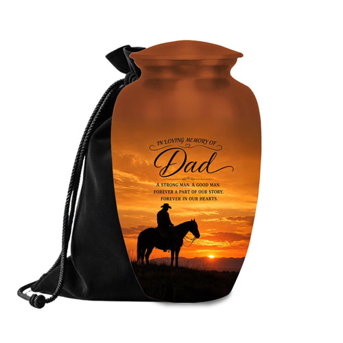 cowboy horseback western sunset cremation urn for human ashes, handmade aluminum memorial urn – photo 1