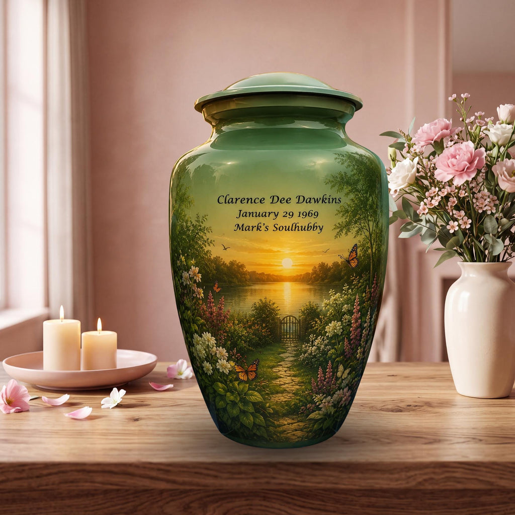sunset garden lake cremation urn for human ashes, handmade aluminum memorial urn – photo 3