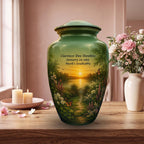 sunset garden lake cremation urn for human ashes, handmade aluminum memorial urn – photo 3