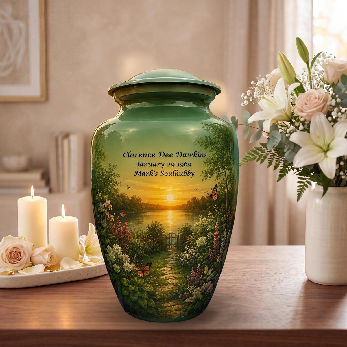 sunset garden lake cremation urn for human ashes, handmade aluminum memorial urn – photo 4