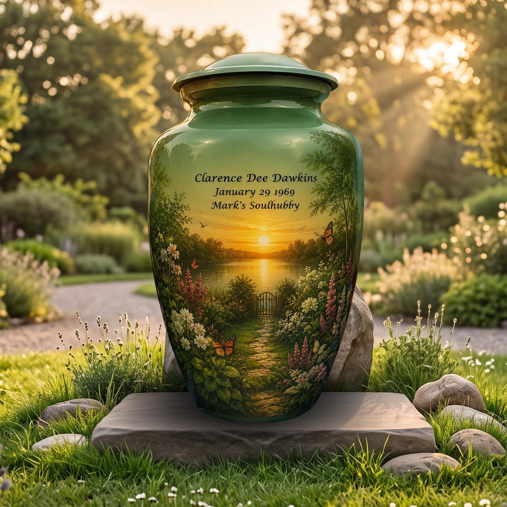 sunset garden lake cremation urn for human ashes, handmade aluminum memorial urn – photo 1
