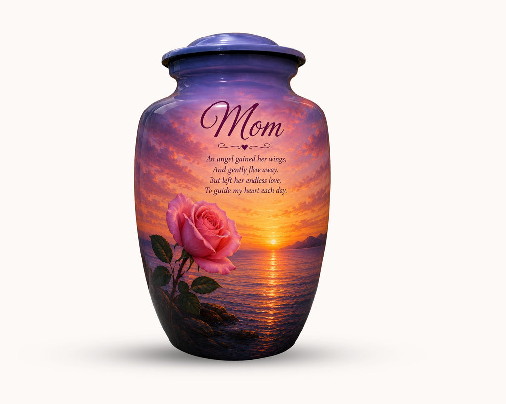 rose sunset angel wings poem cremation urn for human ashes, handmade aluminum memorial urn – photo 5