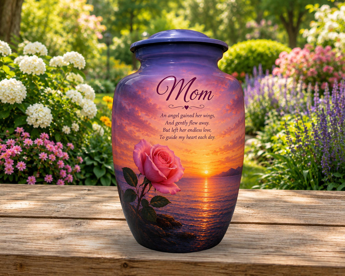 rose sunset angel wings poem cremation urn for human ashes, handmade aluminum memorial urn – photo 4