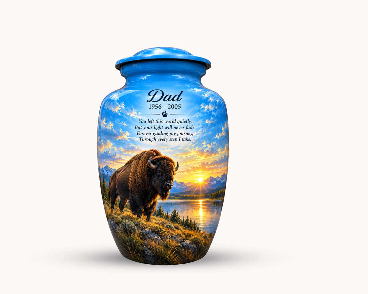 bison mountain sunset cremation urn for human ashes, handmade aluminum memorial urn – photo 4