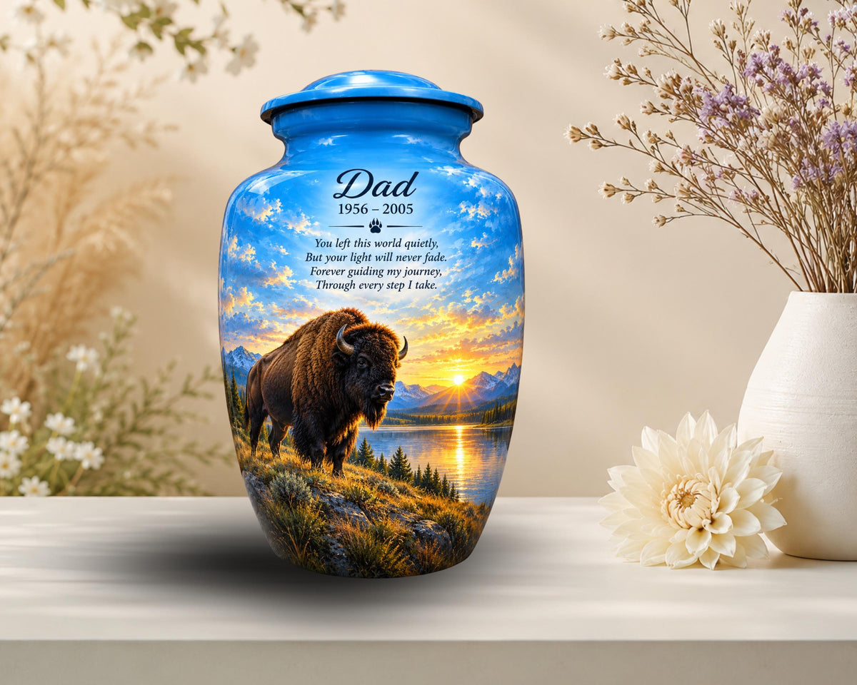 bison mountain sunset cremation urn for human ashes, handmade aluminum memorial urn – photo 6