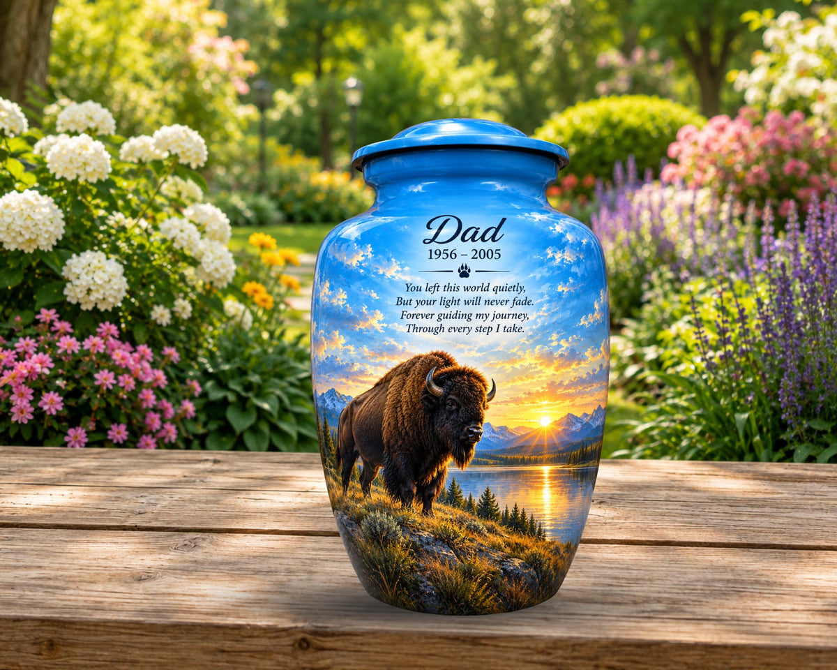 bison mountain sunset cremation urn for human ashes, handmade aluminum memorial urn – photo 1